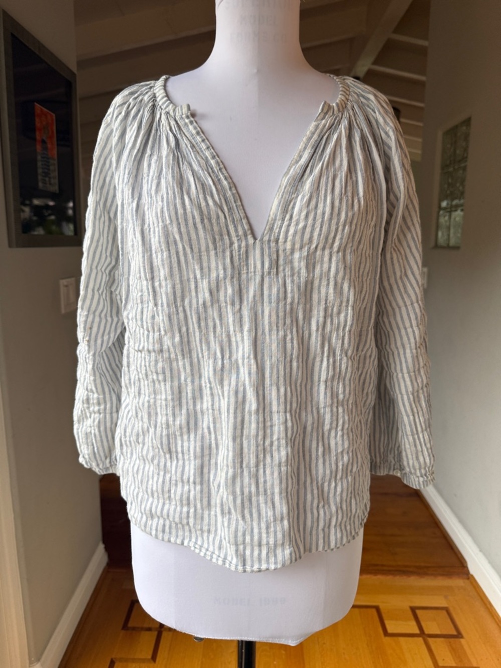 NILI LOTAN Brooke Blouse Top Peasant Top - Blue Neutral Stripe